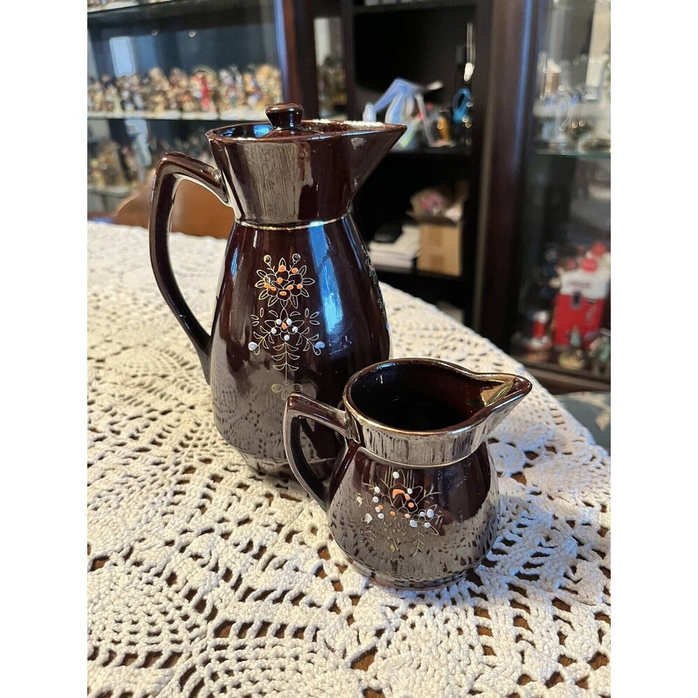 Vintage Japanese Moriage Patterned Hand‎ Painted Redware "Tea Set" - 2-piece Set